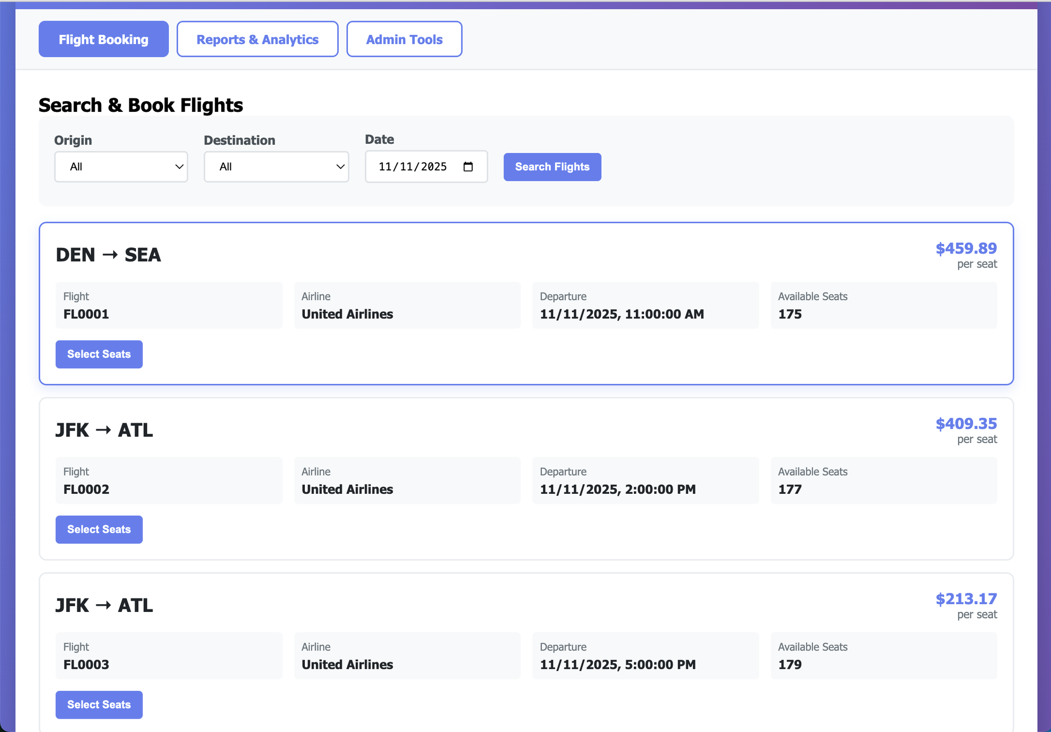 Flight Booking System search results list