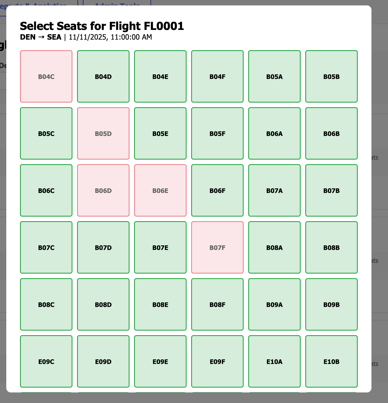 Flight Booking System seat selection modal