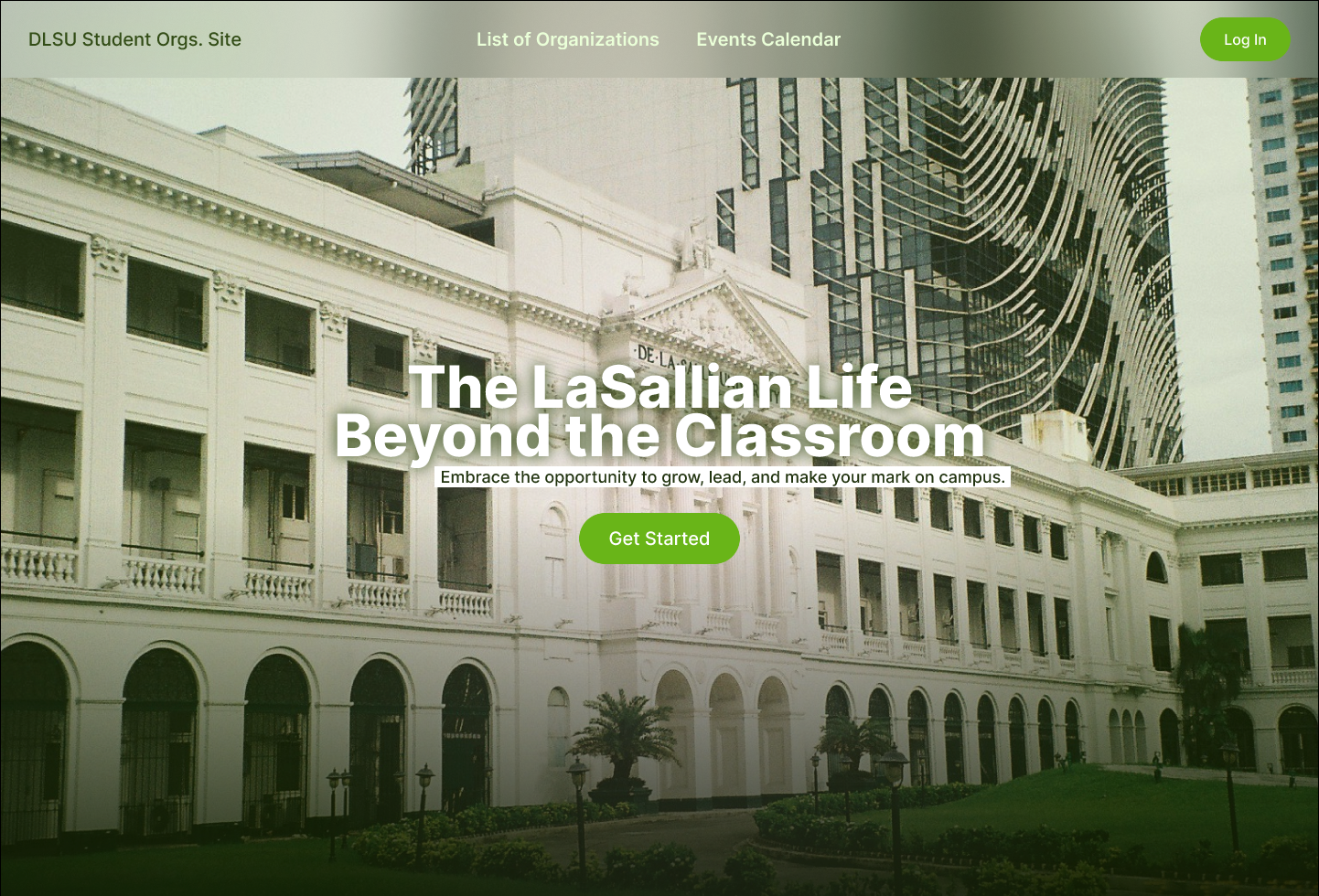 High-fidelity Figma prototype homepage for the DLSU Student Organizations website